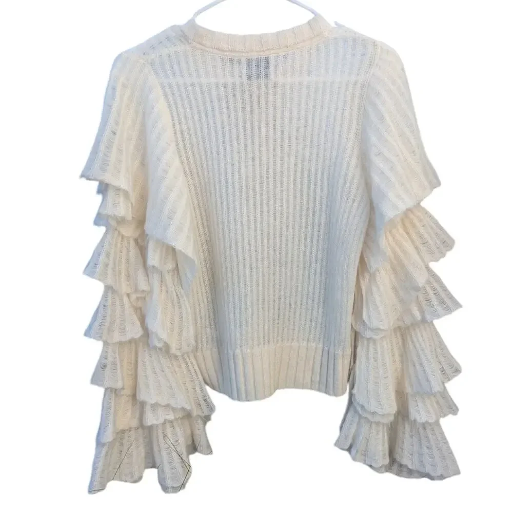Aje Alpaca Wool Ruffle Sleeve White Sweater XS Designer Statement Knit
